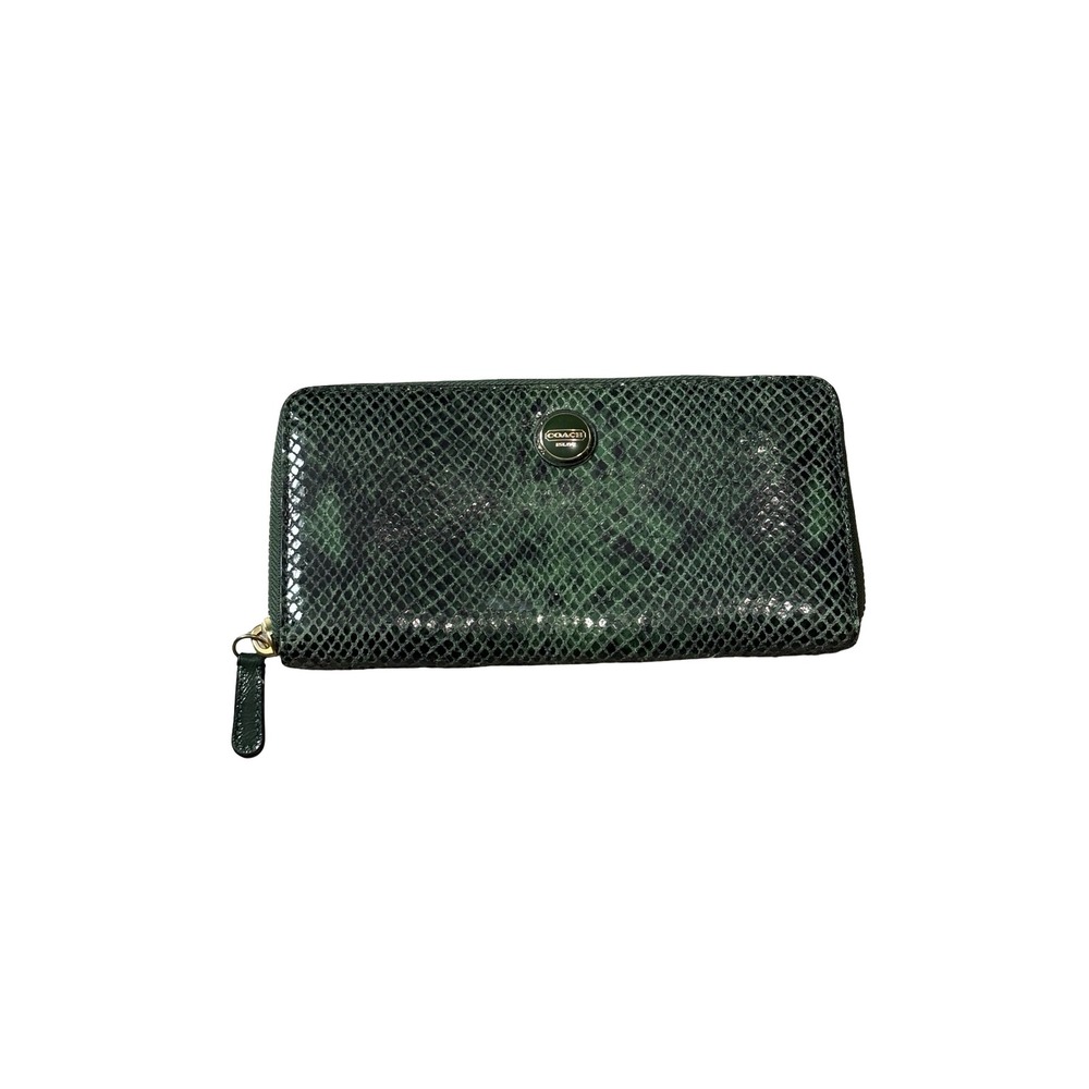 Coach Accordion Zip Wallet Green Snakeskin Embossed Leather OS Gold Hardware